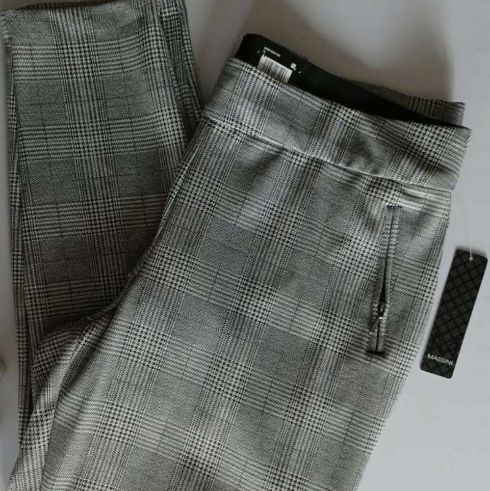 Massini Plaid Pants Black & White Curvy Stretchy Elastic Waist
